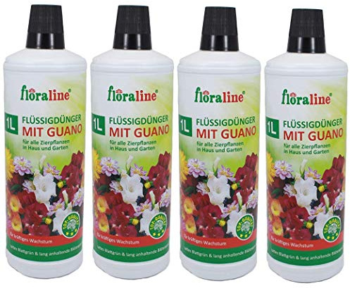 GP 4 Liter Blumendünger mit Guano, Universal Flüssig Pflanzen Dünger für alle Zierpflanzen in Haus und Garten, 4 x 1 Liter Flaschen