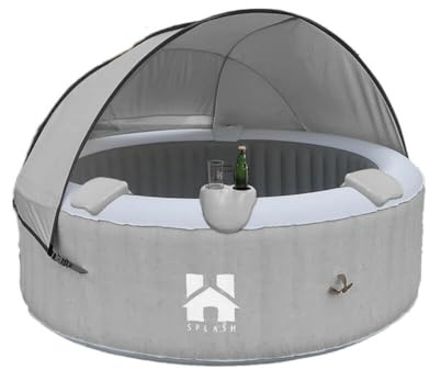 Home Deluxe - Outdoor Whirlpool - Splash + Kissen, Getränkehalter und Sonnendach - Farbe: Beton- ⌀ 208 cm, 130 Luftdüsen - inkl. Abdeckung, Reparaturset, Filterset I Außen Spa für 6 Personen