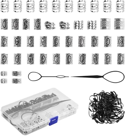 44 Stück Bartperlen Set für Wikinger Dekoration Bartperle Bartperlen zum Klipsen Bartschmuck MäNner Haarperlen für Dreadlocks Braids Schmuck mit Bartgummi und Bartperlen Einfädler
