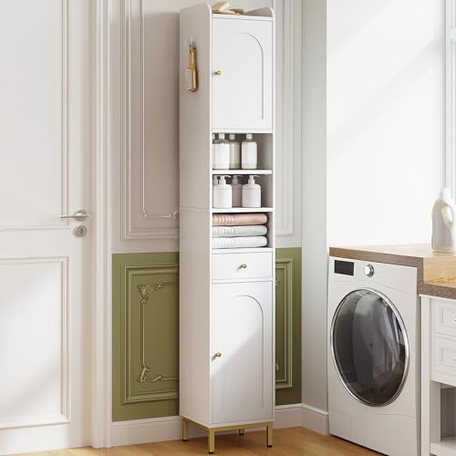 Hzuaneri Badezimmerschrank, Badschrank Hochschrank, mit verstell. Regal | Hoher Badezimmer mit 2 Türen und Schublade, Offene Fach, Badschrank für Wohnzimmer, Arbeitszimmer, Weiß BC29013G