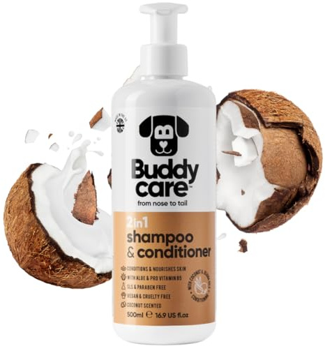 2in1 Hundeshampoo und Conditioner von Buddycare (500ml) - Praktisches Hundeshampoo langhaar und welpen Shampoo Mit Aloe Vera und Pro-Vitamin B5 Rückfettendes Shampoo Für Alle Hunderassen