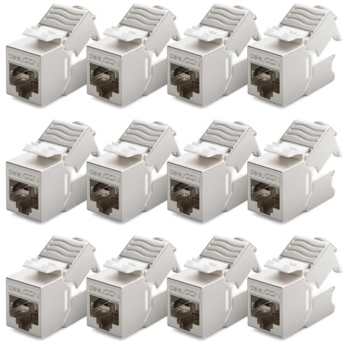 deleyCON RJ45 Keystone Modul Jack werkzeuglos 10 GBit/s, 12 Stück | 500 MHz, LSA, vollgeschirmt STP, RJ45 Buchse, LAN Patchkabel Ethernet, für CAT8 CAT7 CAT6 CAT5, Netzwerkdose Patchpanel