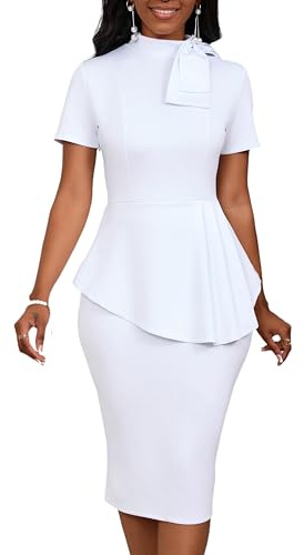 PerZeal Damen Mode Schößchen Bodycon Kurzarm Arbeitskleider Schleife Club Rüschen Bleistift Formelles Cocktailkleid, 5349weiß, Mittel