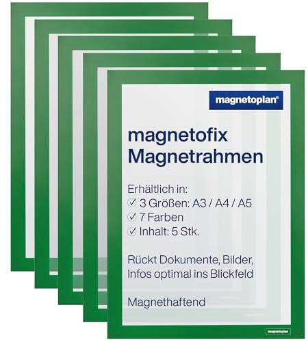 magnetoplan 1130405 magnetofix Magnetrahmen 5 Stück, A3, grün | Magnethaftender Rahmen für Dokumente + Bilder | Magnetischer Inforahmen für Büro, Schule, Lager + Werkstatt