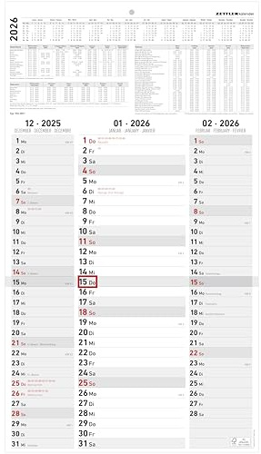 Zettler 3-Monatskalender Streifenplaner 2026 – Wandkalender 33 × 59 cm, 3 Monate pro Blatt mit Datumsschieber, Monatsübersicht Dez. 2025–Jan. 2027, Feiertage & Ferien, Länderkürzel 16 Länder, FSC