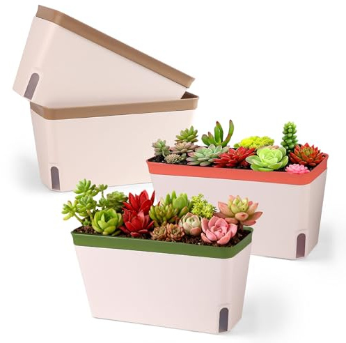 LALAGO 4 Stück Selbstbewässernder Blumentopf, Blumentopf Rechteckig 27cm | Planter Box, Blumenkasten Kräutertopf mit ERD-Bewässerungs-System, Kunststoff Blumentöpfe für Küche Balkon Fensterbank - B