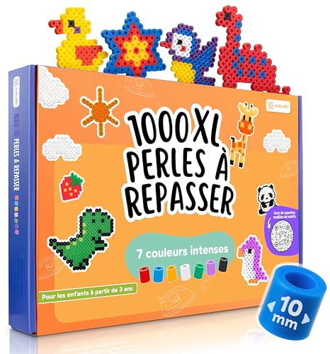 molinoRC Große Bügelperlen 10mm [1000er Nachfüll Pack] in 7 KRÄFTIGEN Farben - mit 30+ VORLAGEN-Download - XL Bügelperlen - Steckperlen groß ab 3 Jahren für einfaches Bügeln & Basteln - Maxi Perlen