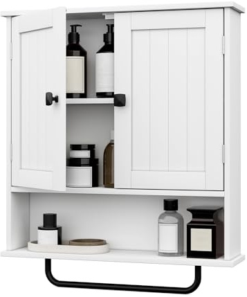 RRX Badezimmerschrank, Hängeschrank mit Handtuchhalter, 56x13x65cm Aufbewahrungsschrank über der Toilette mit 2 Türen und verstellbarem Regal, weißer Hängeschrank für Badezimmer, Waschküche (Weiß)