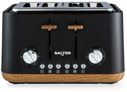 SALTER Toronto 4-Scheiben-Toaster, extra breite Schlitze, 6 Bräunungsstufen, herausnehmbare Krümelschublade, Auftau-, Aufwärm- und Abbruchfunktion, selbstzentrierend, Hochhebe-Funktion, schwarz