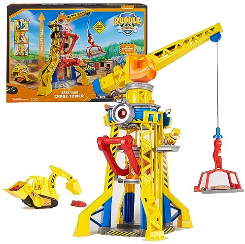 Rubble & Crew - Kran-Spielset Baupfoten Hof 68 cm, mit Rubble-Figur, Planierraupen-Fahrzeug und 340 g Build-it Kinetic Sand, Licht und Sound, ab 3 Jahren
