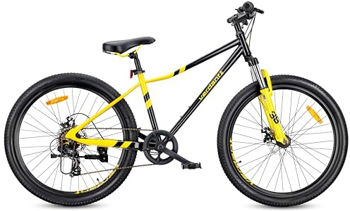 sun baby Verdant Calix Mountainbike 26 Zoll MTB, Damen und Herren Mountain Bike, Fahrrad für Mädchen und Jungen - Stoßdämpfer, Scheibenbremsen, 7-Gang-Schaltung - Schwarz-Gelb