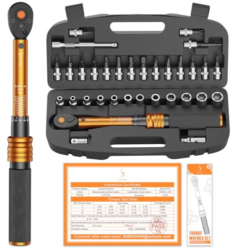Drehmomentschlüssel Fahrrad 1/4 Zoll, 3-25 Nm, ±3% Fehlergenauigkeit, 72 Zähne Ratsche, 33TLG Torque Wrench Set für Motorrad und Bike, inklusive Verlängerungsstangen, 1/4- 3/8 Adapter, Stecknüsse