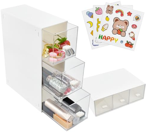 LANSKYLAN Teebox mit 3 Schubladen aufbewahrungsbox mit 3 schubladen Make-Up Organizer Teeboxen für Teebeutel Teebeutelboxen aus Kunststof Schubladenbox für Teebeutel, Kaffeepads, Süßungsmittel, Zucker