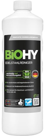BiOHY Edelstahlreiniger Küche Edelstahlpflege Politur (1l Flasche) | Reinigungsmittel für Kühlschrank, Dunstabzug, Grill und Spüle, streifenfrei, entfernt Fingerabdrücke und Flugrost