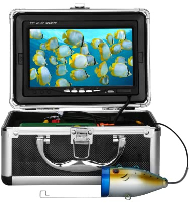 MOUNTAINONE Unterwasser Angelkamera mit 7 Zoll, Fischfinder wasserdichte Fischerei Unterwasserkamera 15M, Weißes/Infrarot LED Licht Fischdetektor für EIS See Boot Angeln (15M mit DVR)