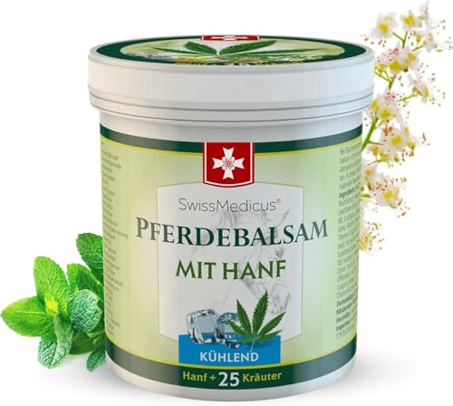 SwissMedicus Pferdebalsam mit Hanf - 500 ml - Kühlende Wirkung für Muskeln & Gelenke - mit 25 natürlichen Extrakten - Alltäglicher Gebrauch - Natürliches Gel