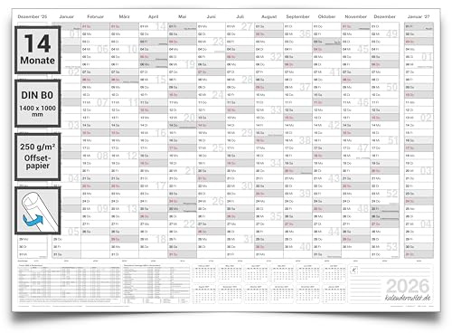 XXXL Jahresplaner 2026 DIN B0 – Wandkalender 14 Monate, 140x100 cm grau – großer Wandplaner, gerollt, 250g Papier, auf Deutsch – Jahreskalender Büro & Zuhause von Kalenderoutlet®