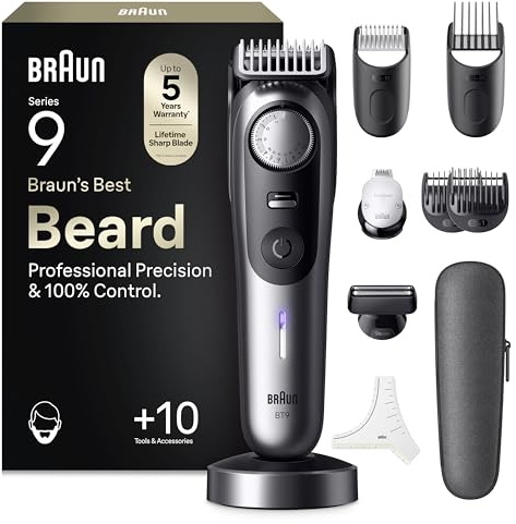 Braun Barttrimmer Series 9, Kabelloser Bartschneider Herren, BT9545, Chrom - Bart Rasierer mit 52 Längen, Trimmer mit 180 Min. Akku, Wasserdicht, Inkl. 10 Barber-Tools, Lebenslang Ultrascharfe Klinge