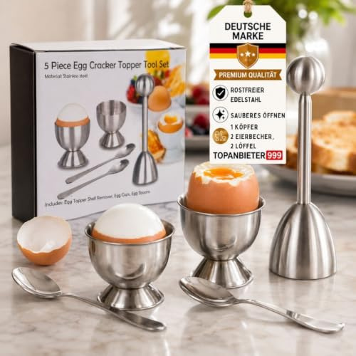 TOPANBIETER 999 Eierköpfer Set Edelstahl 5-teilig Eierbecher Eieröffner Frühstücksei Egg Cutter