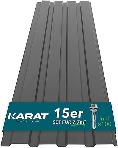 KARAT - 15 Stück Trapezblech 115 x 45 cm - Profilblech Set inkl. Schrauben - 7,7 m² Wandblech Dachblech - Stärke 0,25 mm - Dachplatten Stahlblech Wandverkleidung (Grau)