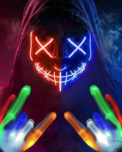 Colplay 2022 NEU Halloween Maske LED Maske Leuchtende Handschuhe-Set, Mehrere Leuchtmodi The Purge Maske Kostüm, Halloween Kostüm Herren Kinder Jungen Teenager, Horror Maske, Ghostface Maske Hallowe