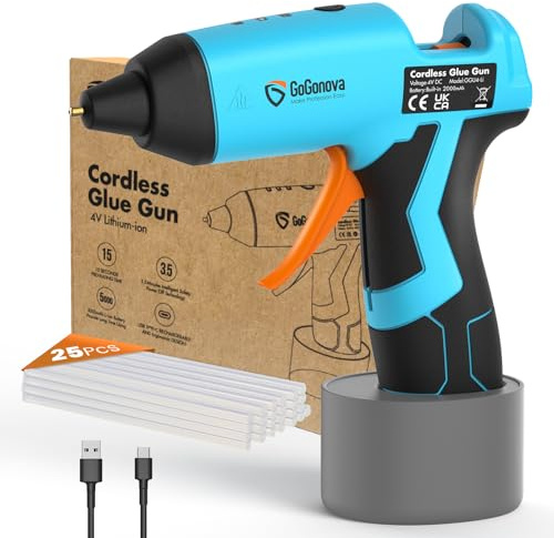 Heißklebepistole Akku, GoGonova Heißklebepistole Kabellos kann 15S Schnelles Aufheizen, Klebepistole mit 25 Klebestiften 7mm, 2000 mAh Akku, für DIY, Handwerk und schnelle Reparaturen, Blau