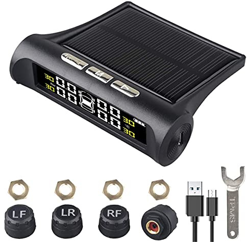TPMS Solar ReifendruckKontrollsystem Universal Wireless Car Alarm wasserdichte 4 externen Sensoren 6 Alarmmodi Reifendruck Autoalarmsyste Echtzeit Druck und Temperatur für Auto, SUV, KFZ