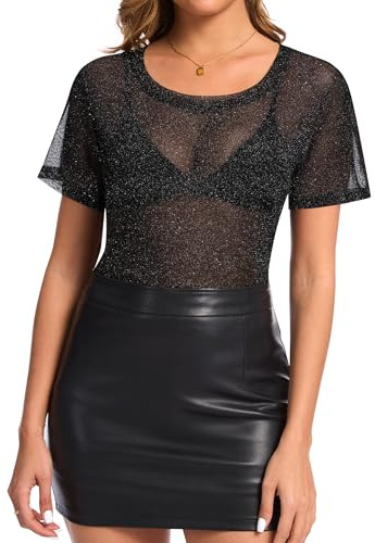 Kiiwah Mesh Oberteile Damen Glitzer Durchsichtig Netzoberteil Transparentes Kurzarm Mesh Shirt Sexy Silber Bluse Schwarz Mesh Tops Festival Oberteile für Tunika Clubwear Party