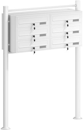 Wiltec 6er Briefkastenanlage weiß 945 x 270 x 1200 mm, Standbriefkasten mit 2x3 Fächern, Schlüssel und Namensschild, Briefkasten Postkasten mit Ständer