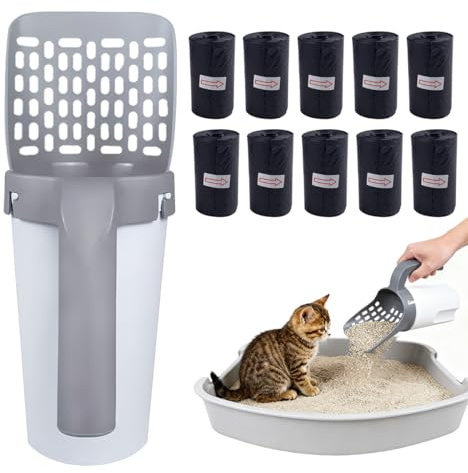 Katzenklo Schaufel 2in1 Mit BehäLter Inkl. 215 StüCk AbfallsäCken | 2in1 Schaufel+StäNder+BehäLter Abnehmbar Schaufel Mobil & Hygienisch Ergonomischer Griff,Feine SieblöCher FüR Katzenstreu
