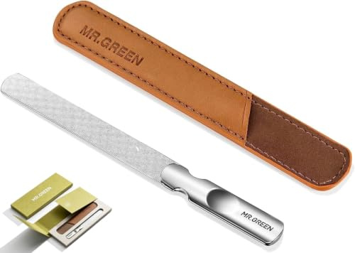 MR.GREEN Edelstahl Nagelfeile mit Anti-Rutsch-Griff und Ledertasche, doppelseitig und Dateien Nägel leicht für Männer und Frauen
