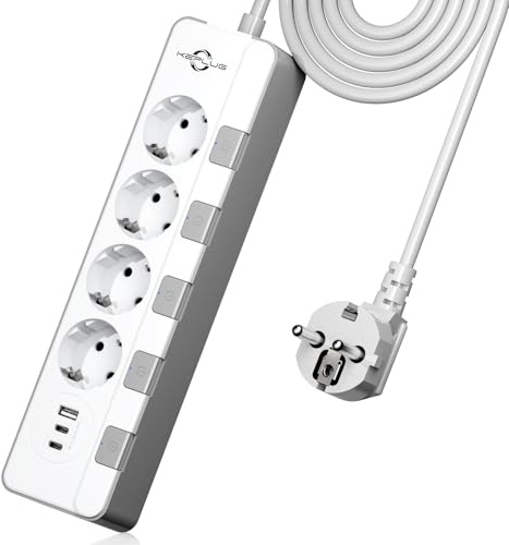 Steckdosenleiste überspannungsschutz(4000W 16A),KEPLUG Mehrfachsteckdose mit 2 Type C 1USB A,Steckdosenleiste einzeln schaltbar wandmontage kindersicherung,Steckdose mit USB C 2 m Kabel