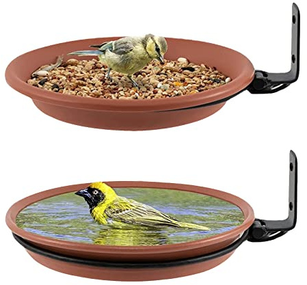 2er-Set Vogeltränke Hängend und Vogelfutterspender mit Wandhalterung, Braun | Vogelbad für Garten Balkon, Winterfest Vogeltränke Garten Vogelfutterhaus Balkongeländer, Rund Anlocken von Wildvögeln