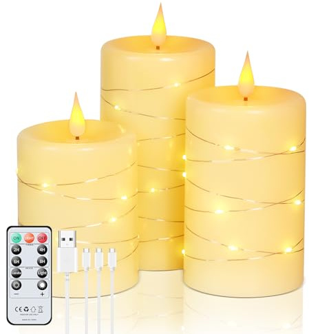Forever Speed 3 Stück Led Kerzen Aufladbar 1000mAH Lichterkette Kerzen mit Fernbedienung, Wiederaufladbare Dimmbar Flammenlose Kerzen mit Timerfunktion für Party Wohndekoration, Camping, Hochzeiten