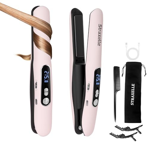 Straxelle Mini Glätteisen Kabellos mit 5000mAh, 2 in 1 Glätteisen Locken und Glätten, 175°C-215°C 3 Einstellbare Temperaturen Reiseglätteisen mit LED Anzeige für alle Haartypen (Rosa)