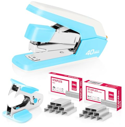 deli Heftgerät Schreibtisch Tacker Bürobedarf, kompatibel mit 24/6, 26/6, 24/8 Heftklammern, bis zu 40 Blatt, bis zu 80% kraftsparend, 65mm Hefttiefe, mit Entklammerer & 1500 Tackernadeln (Hellblau)