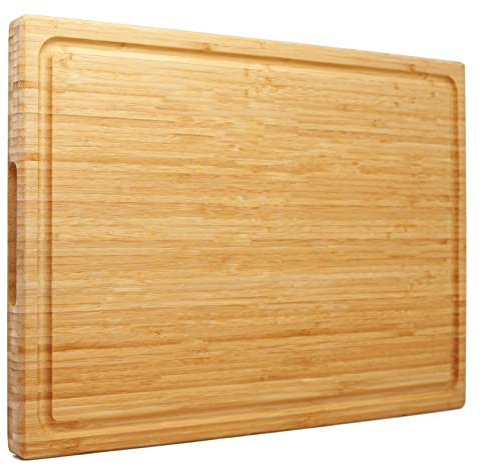 Extra großes XXXL Bambus-Schneidebrett, 61 x 40.6 x 3.2 cm, zum Schneiden von Truthahn, Fleisch, Gemüse, Grillgut, Schneidebrett über der Spüle, mit Griff und Saftrille
