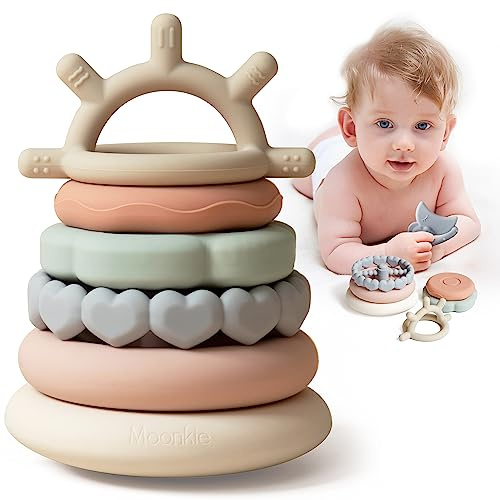 Moonkie Stapelturm Baby, Silikon Beißringe ab 6 Monaten, 7-teiliges Set | Weiche Stapelringe mit Zahlen & Besonderen Designs, zum Zahnen & Lernen, BPA-frei, Geschenk zur Taufe & zum Geburtstag