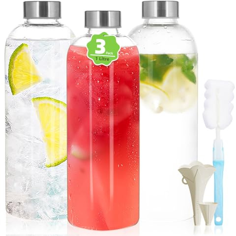 BBWELL Glasflaschen mit Deckel,leere Glaswasserflasche,1 Liter,3 Stück,Wasser,Smoothies,Glastrinkflasche mit Schraubverschluss,Saftflasche zum Entsaften & Kalte Getränke