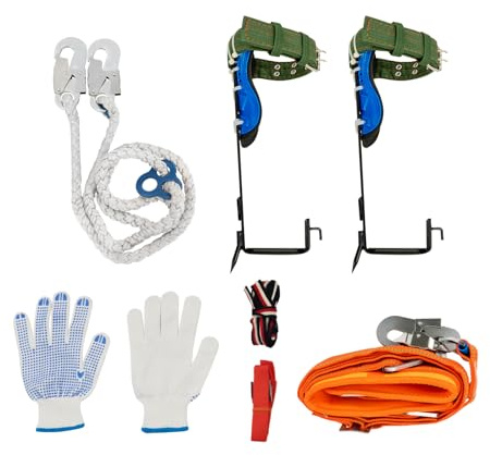Baumkletter-Set Steigeisen 2-Zahn Sicherheitspaket - Professionelle Baumkletterspikes mit 100kg Tragkraft & 5-Punkt-Gurt | Höhenverstellbare Kletterausrüstung inkl. Sicherheitsseil (2m)
