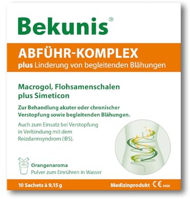 Bekunis Abführ-Komplex plus | Macrogol + Flohsamenschalen + Simeticon | Bei Verstopfung mit begleitenden Blähungen und Völlegefühl | 10 Sachets zum Einrühren in Wasser | Orange | Medizinprodukt