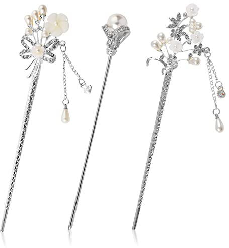 Perlen Haarstab,3 Stück Strass-Haar-Essstäbchen Chinesische Haarnadel Vintage Quaste Haarnadel Japanische Haarstäbchen Handgefertigte Chignon Schmuck Haarschmuck für Mädchen