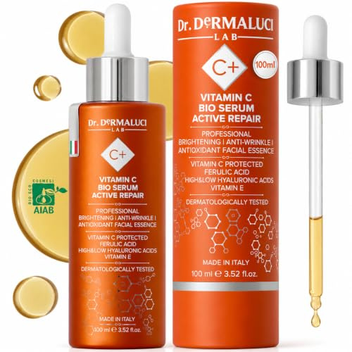 Dr. Dermaluci Lab Vitamin C Serum Gesicht 100ml Ferulasäure Strahlend BIO | Anti-Falten, Anti-Flecken, Aufhellend - Hyaluronsäure, Kurkuma, Centella Asiatica - Empfindliche Haut - AIAB - Made in Italy