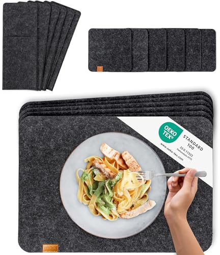 MIQIO Tischset aus Filz - 18er Tisch Untersetzer-Set - Filz Tischset abwaschbar - 6 Platzsets, Glasuntersetzer, Bestecktaschen | dunkelgrau | Filzuntersetzer eckig