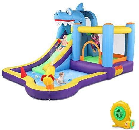 LEADZM Hüpfburg mit Gebläse, Aufblasbare Wasserpark mit Hai-Thema, mit Trampolin, Rutsche, Schwimmbecken, Wasserpistole, Geeignet für 3 Kinder im Alter von 3 bis 10 Jahren, 380x260x240 cm