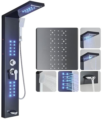 Duschpaneel Wandmontiertes Duschsystem mit LED,Multifunktionale Duschsäule mit Regendusche Wasserfalldusche Massagedusche Handbrause Duscharmatur Komplettset Duschpaneel mit Armatur Schwarz