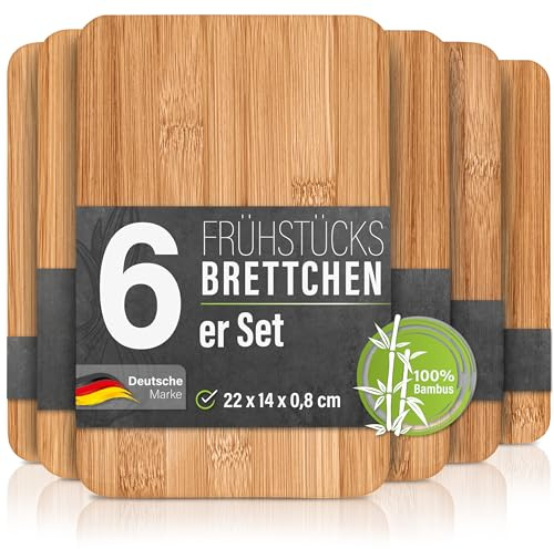 6er Set Frühstücksbrettchen aus Bambus Holz 22x14x0,8cm - Ideal für Frühstück, Brotzeit und kleine Mahlzeiten - Holzbrettchen Brettchen Frühstücksbrett Holzbrett