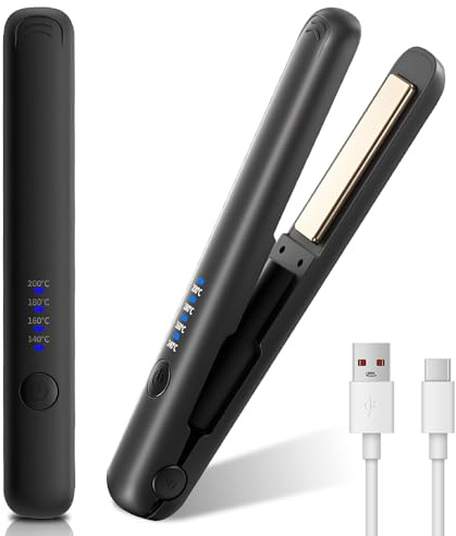 Mini Glätteisen Kabellos, 2 in 1 Reise Glätteisen Mini mit 4 Temperaturen glatteisen locken und Glätten mit LCD-Display Tragbares Reise glatteisen mit Aufladung, 30s Schnelles Aufheizen (Schwarz)