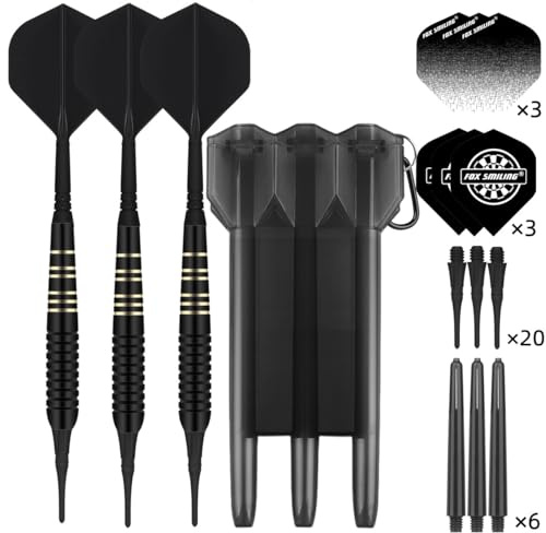 FOX SMILING Dartpfeile mit Kunststoffspitze 3 Stück 22 Gramm, 2BA Thread, mit 2 in 1 Dart Flights mit Schäfte und Storage Box 6 Flügen 6 PC-Wellen 20 Plastic Spitze für Elektronische Dartscheibe