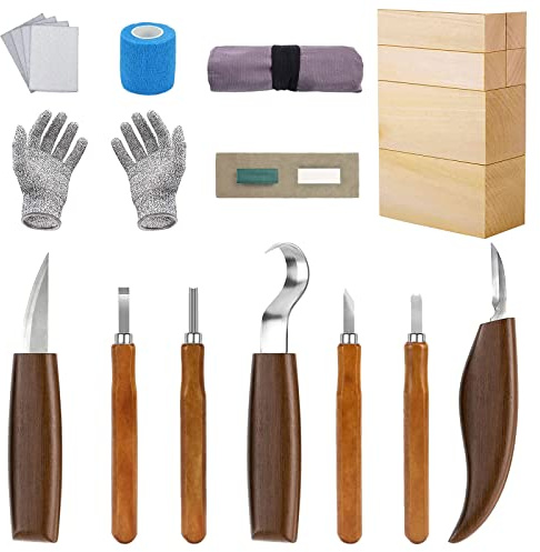 Holz Schnitzwerkzeug Set, KAQ 24 in 1 Schnitzset mit 7*Schnitzmesser, 6 Stück Lindenholz zum Schnitzen, Schleifstein und schnittfesten Handschuhen, Schnitzwerkzeug Set für Anfänger und Kinder